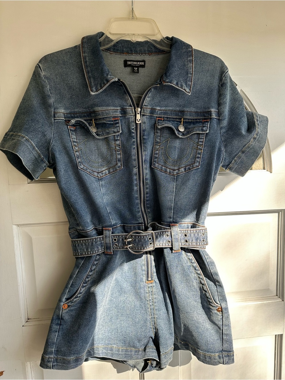 NWOT True Religion Blue Denim Romper with Belt